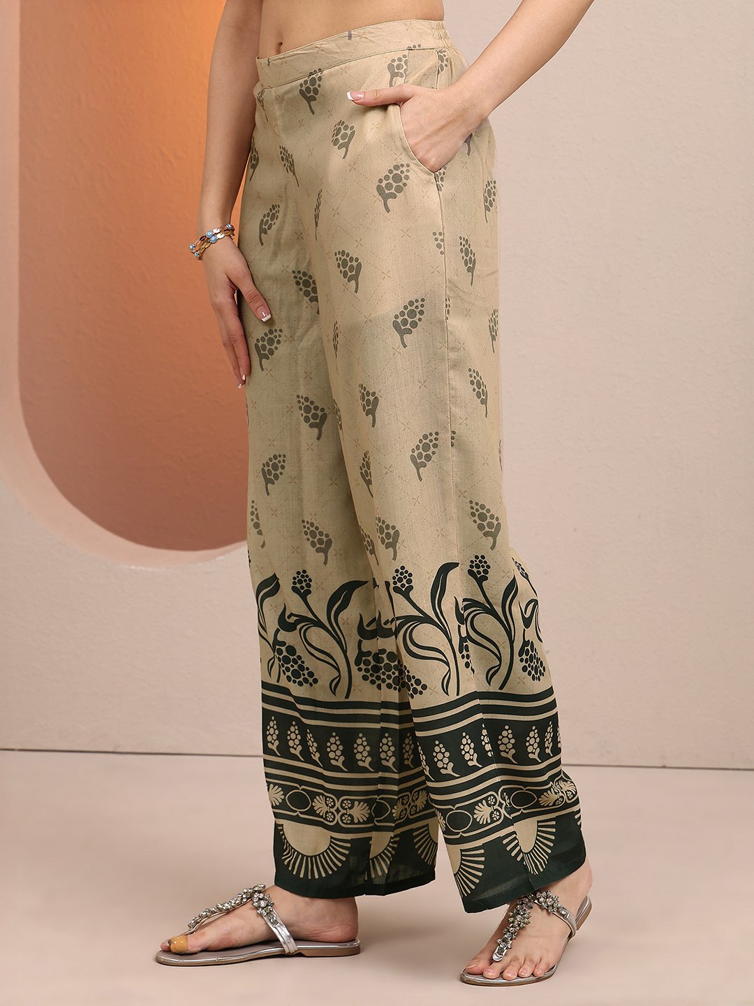 Beige Printed Cotton Blend Co-Ords