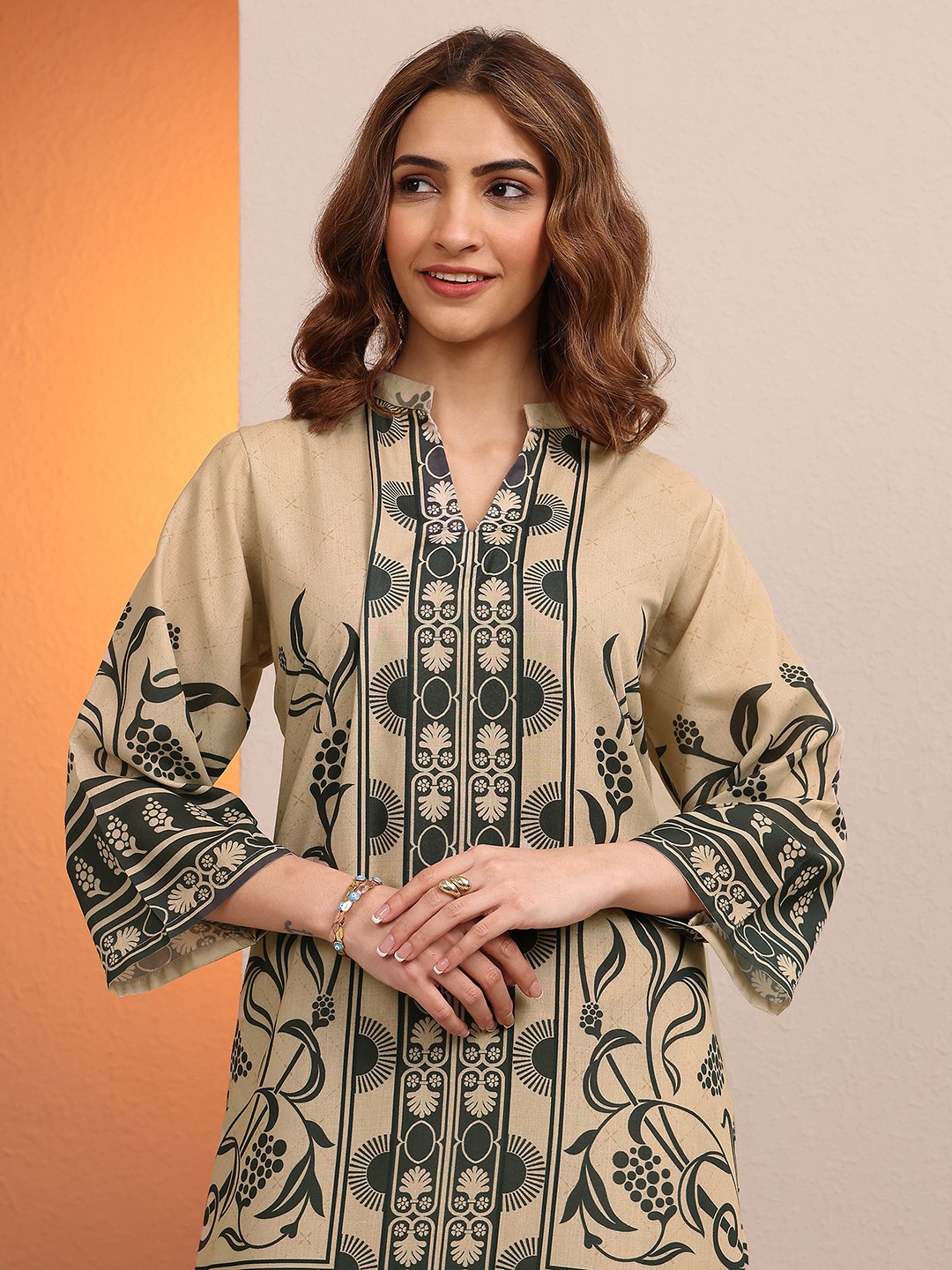 Beige Printed Cotton Blend Co-Ords