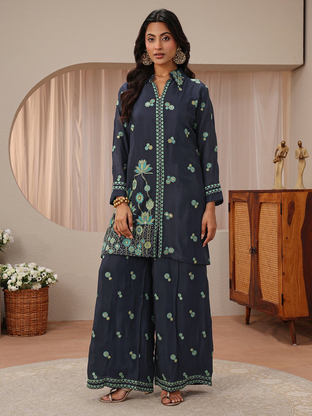Navy Blue Embroidered Chinon Top and Pants Co-Ords