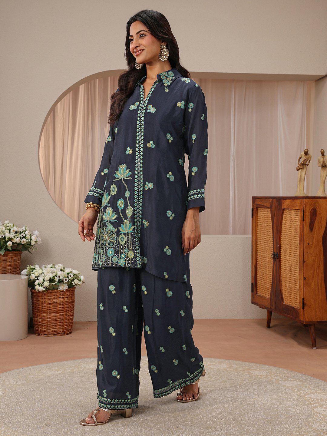 Navy Blue Embroidered Chinon Top and Pants Co-Ords