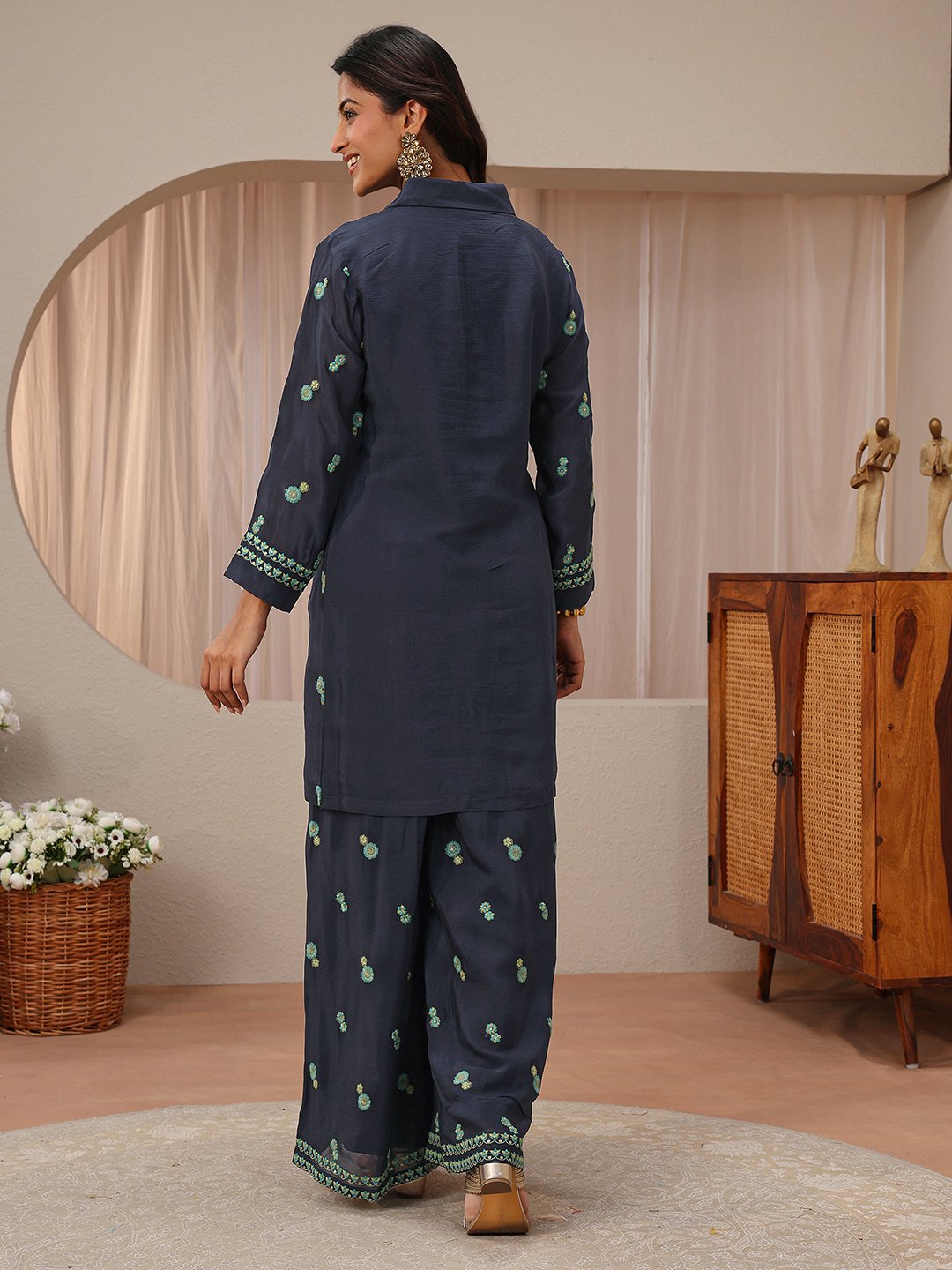 Navy Blue Embroidered Chinon Top and Pants Co-Ords