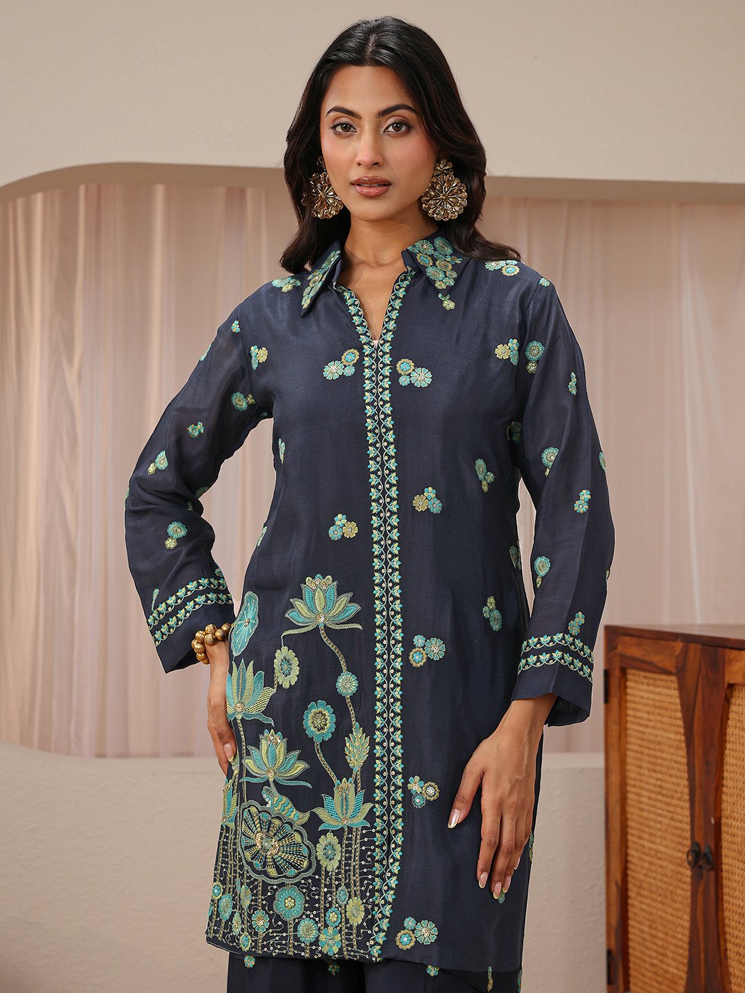 Navy Blue Embroidered Chinon Top and Pants Co-Ords