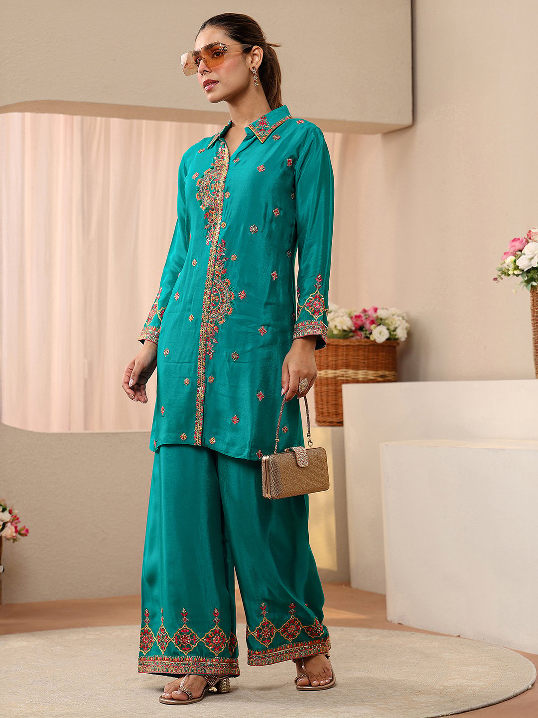 Green Embroidered Chinon Top and Pants Co-Ords