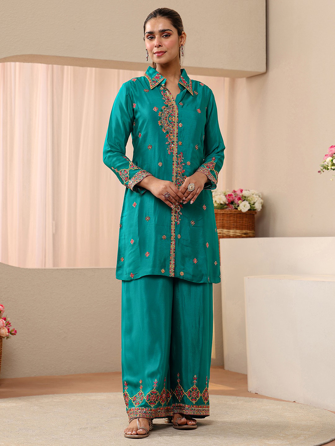 Green Embroidered Chinon Top and Pants Co-Ords