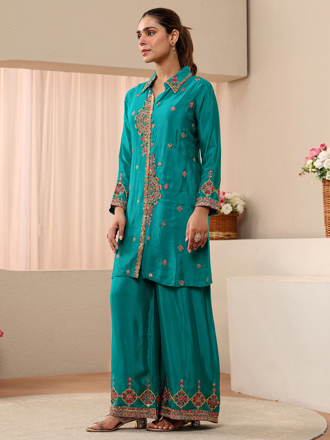 Green Embroidered Chinon Top and Pants Co-Ords