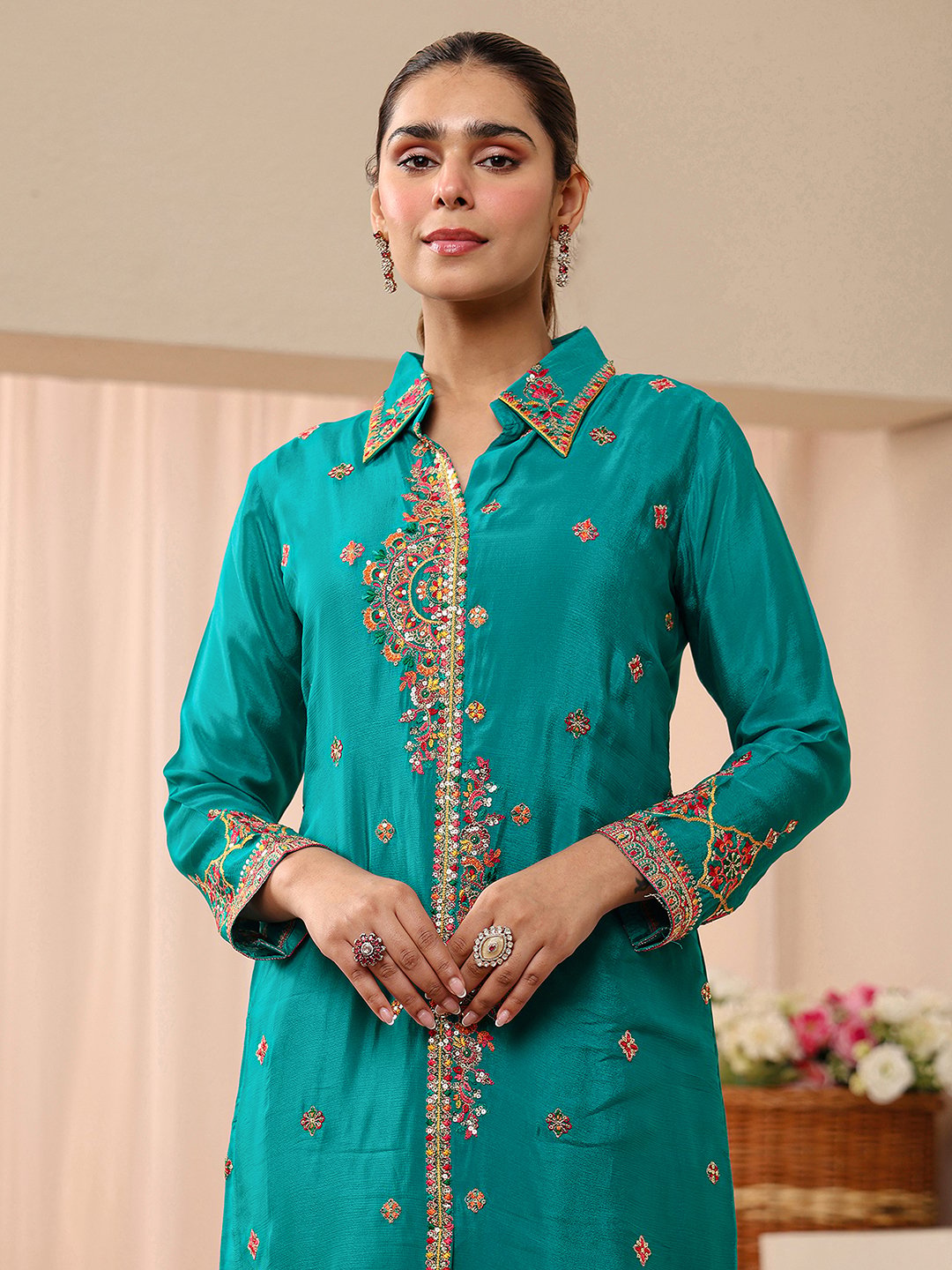 Green Embroidered Chinon Top and Pants Co-Ords