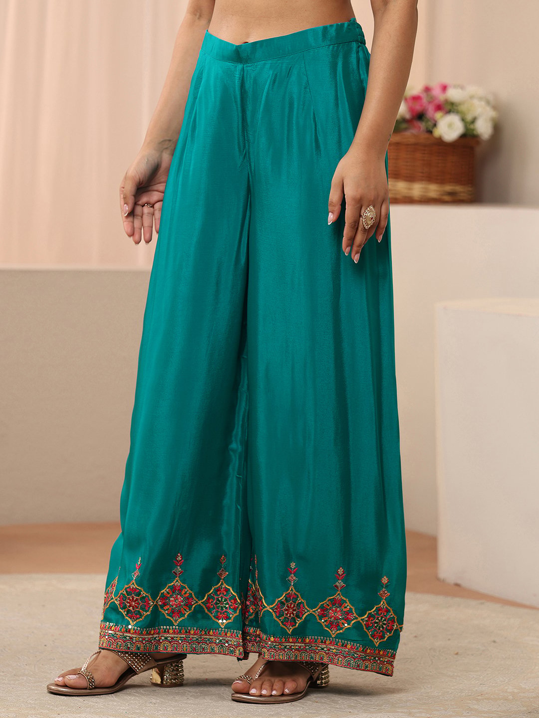 Green Embroidered Chinon Top and Pants Co-Ords
