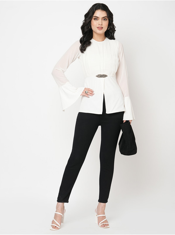 White Bell Sleeve Embellished Detail Top