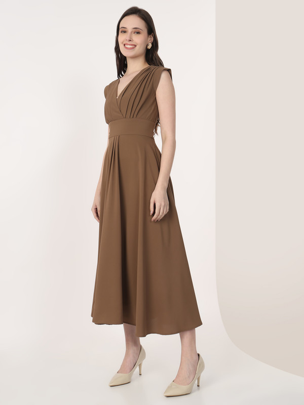 Brown Cap Sleeves Rushed Fit and Flare Midi Dress