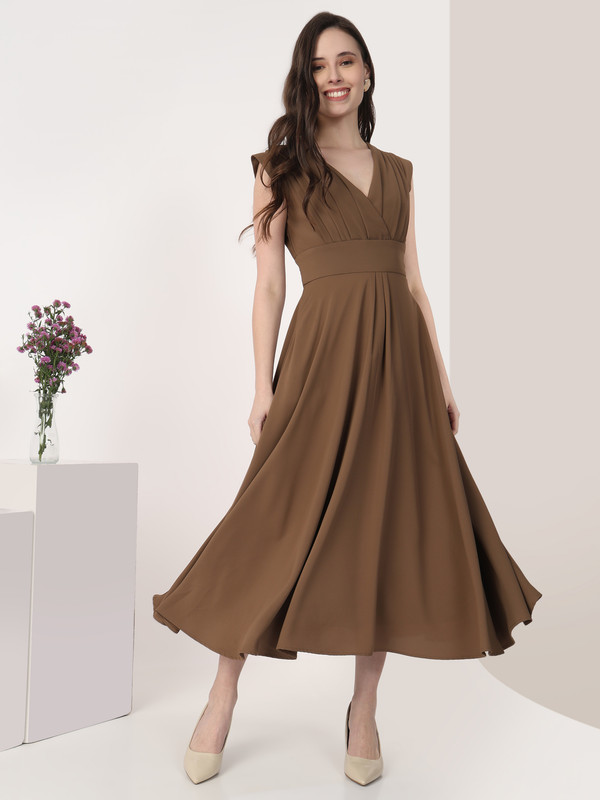 Brown Cap Sleeves Rushed Fit and Flare Midi Dress