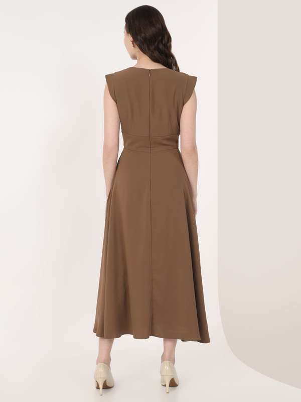 Brown Cap Sleeves Rushed Fit and Flare Midi Dress