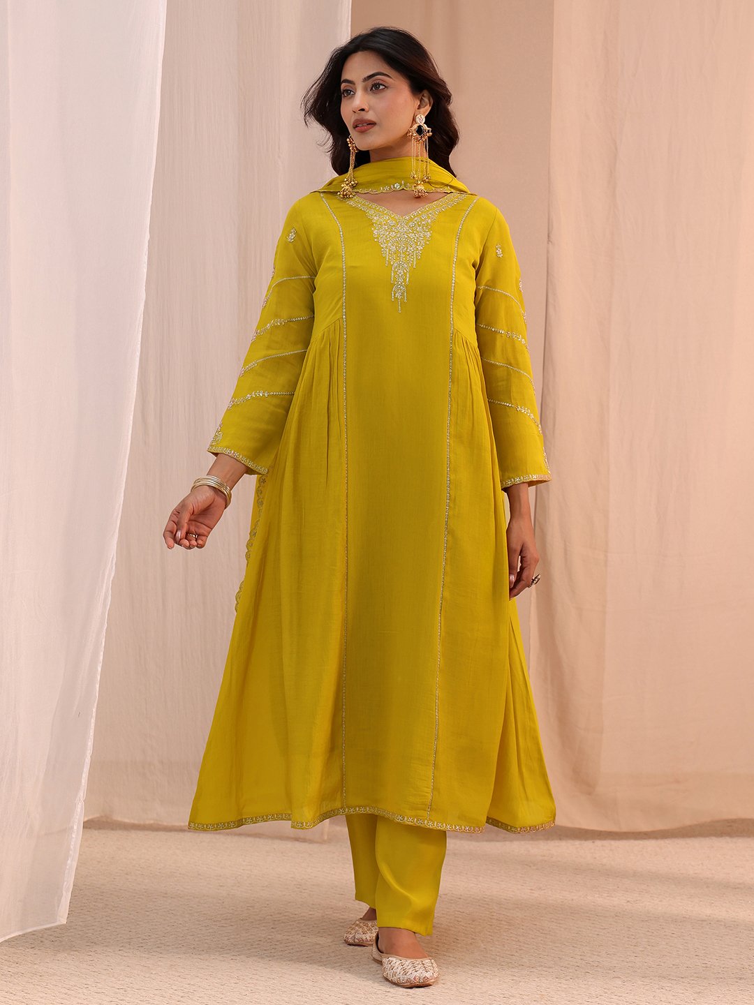 Mustard Embroidered Chanderi Cotton A-Line Kurta, Straight Pants And Dupatta Set