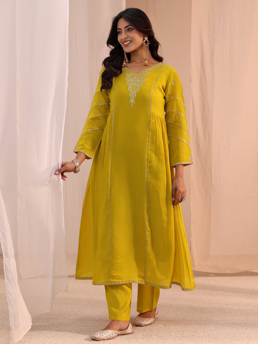 Mustard Embroidered Chanderi Cotton A-Line Kurta, Straight Pants And Dupatta Set