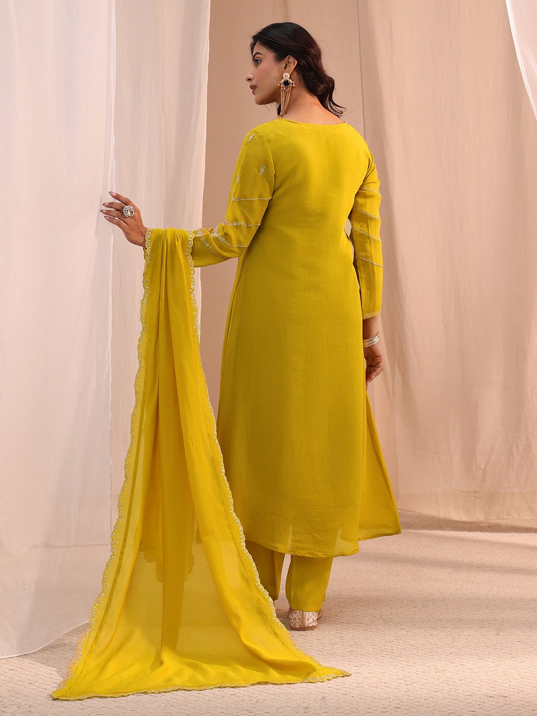 Mustard Embroidered Chanderi Cotton A-Line Kurta, Straight Pants And Dupatta Set