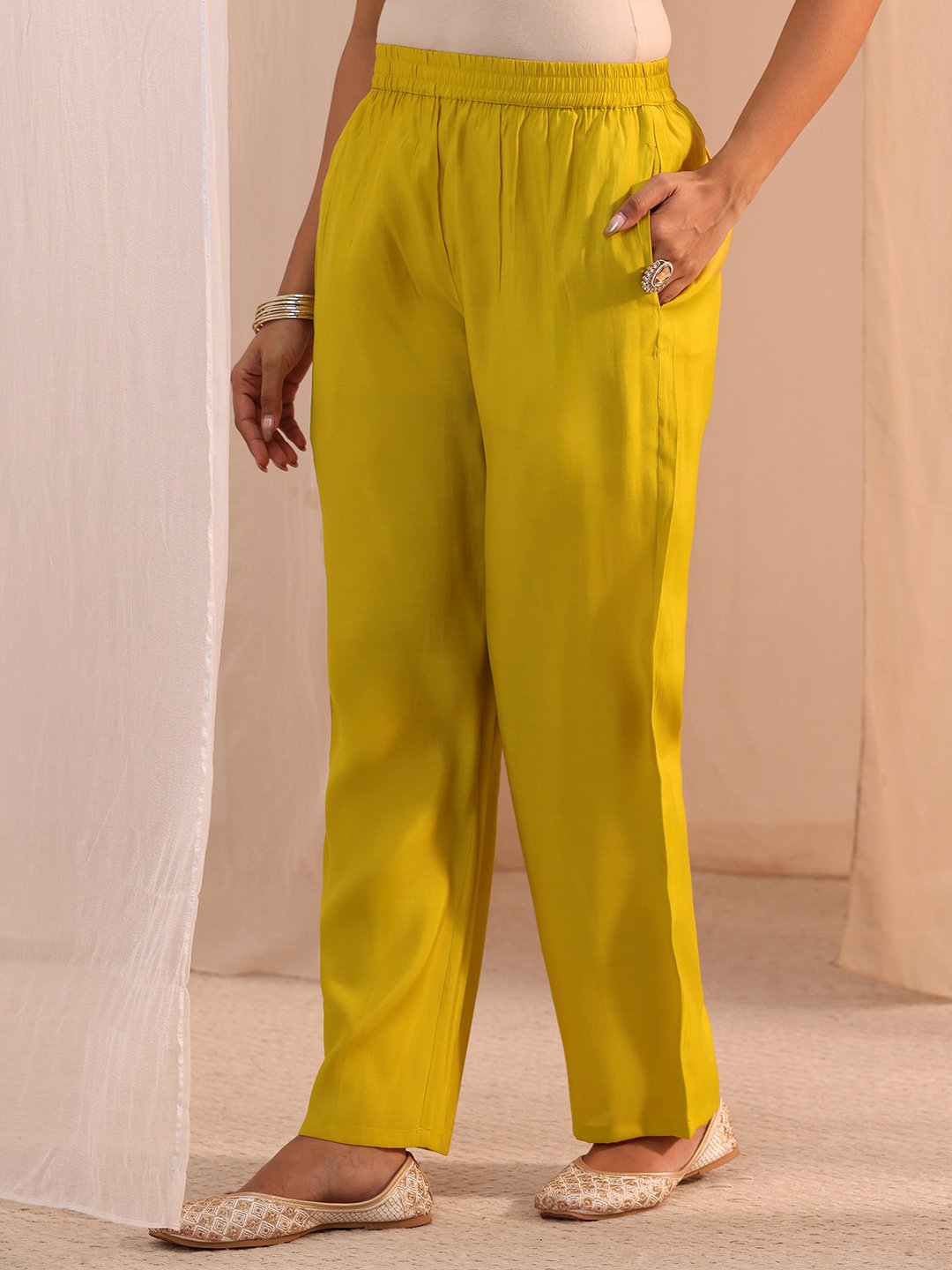 Mustard Embroidered Chanderi Cotton A-Line Kurta, Straight Pants And Dupatta Set
