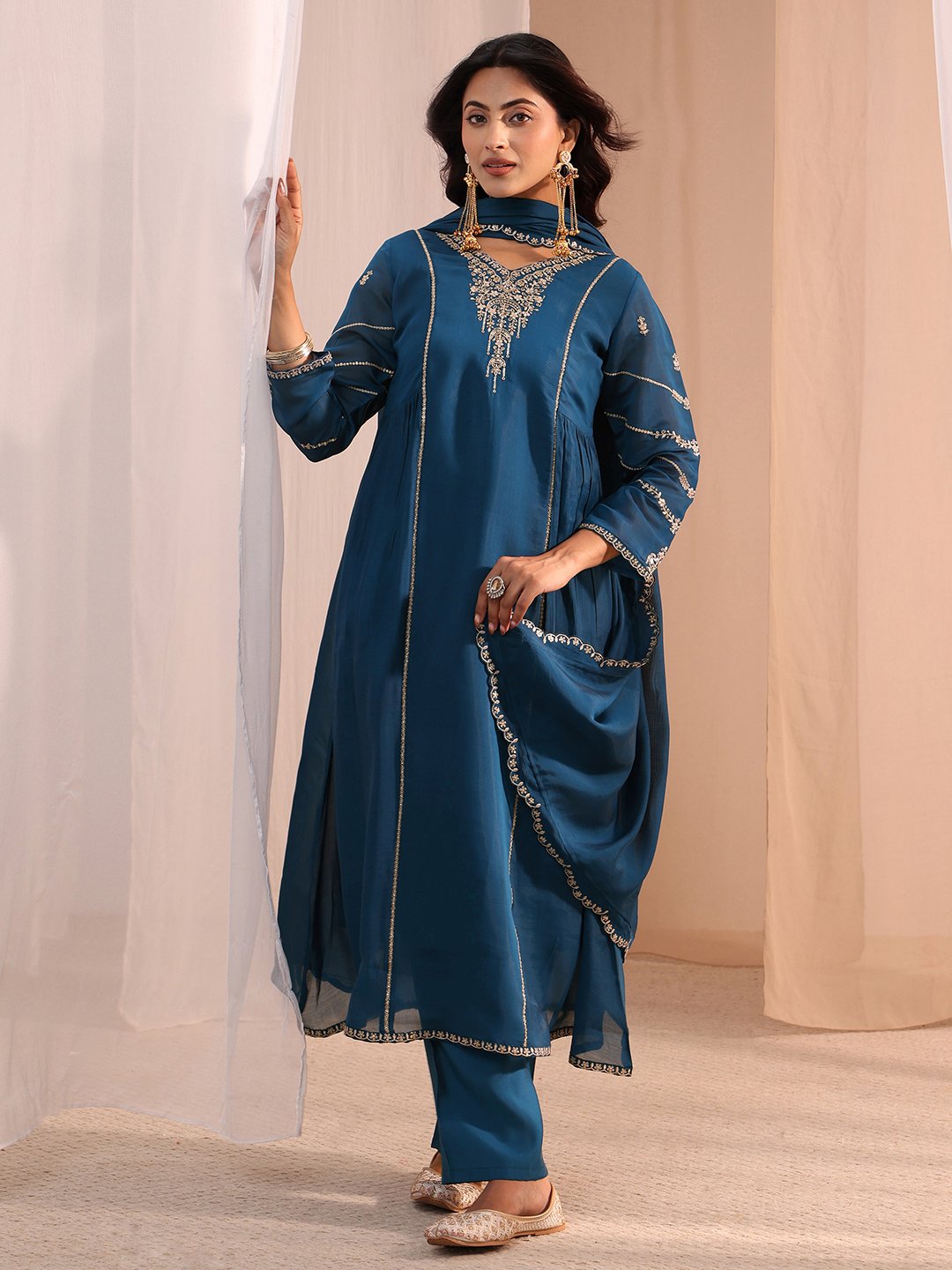 Blue Embroidered Chanderi Cotton A-Line Kurta, Straight Pants And Dupatta Set