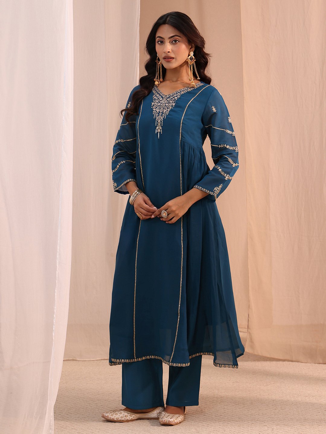 Blue Embroidered Chanderi Cotton A-Line Kurta, Straight Pants And Dupatta Set