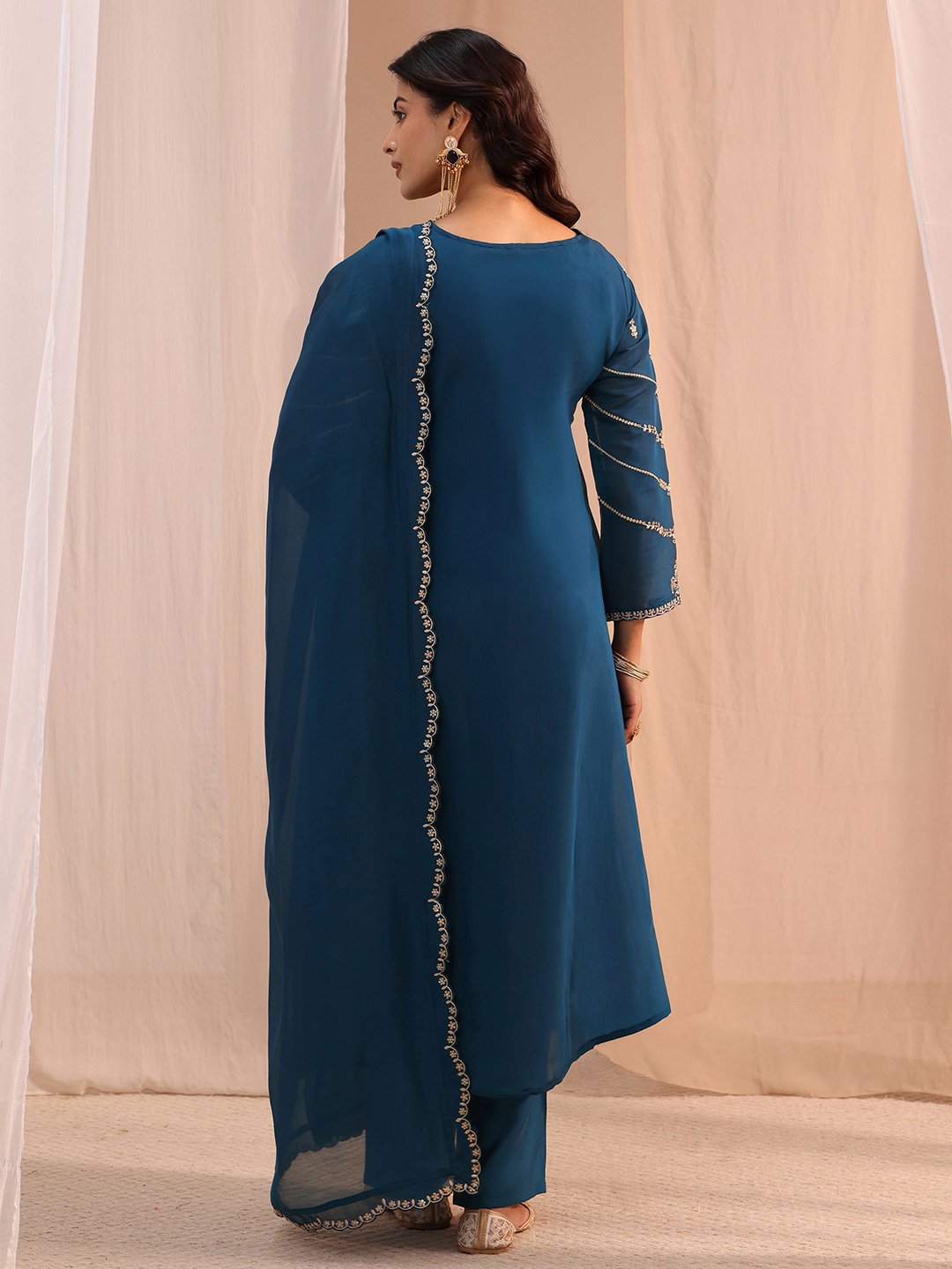 Blue Embroidered Chanderi Cotton A-Line Kurta, Straight Pants And Dupatta Set
