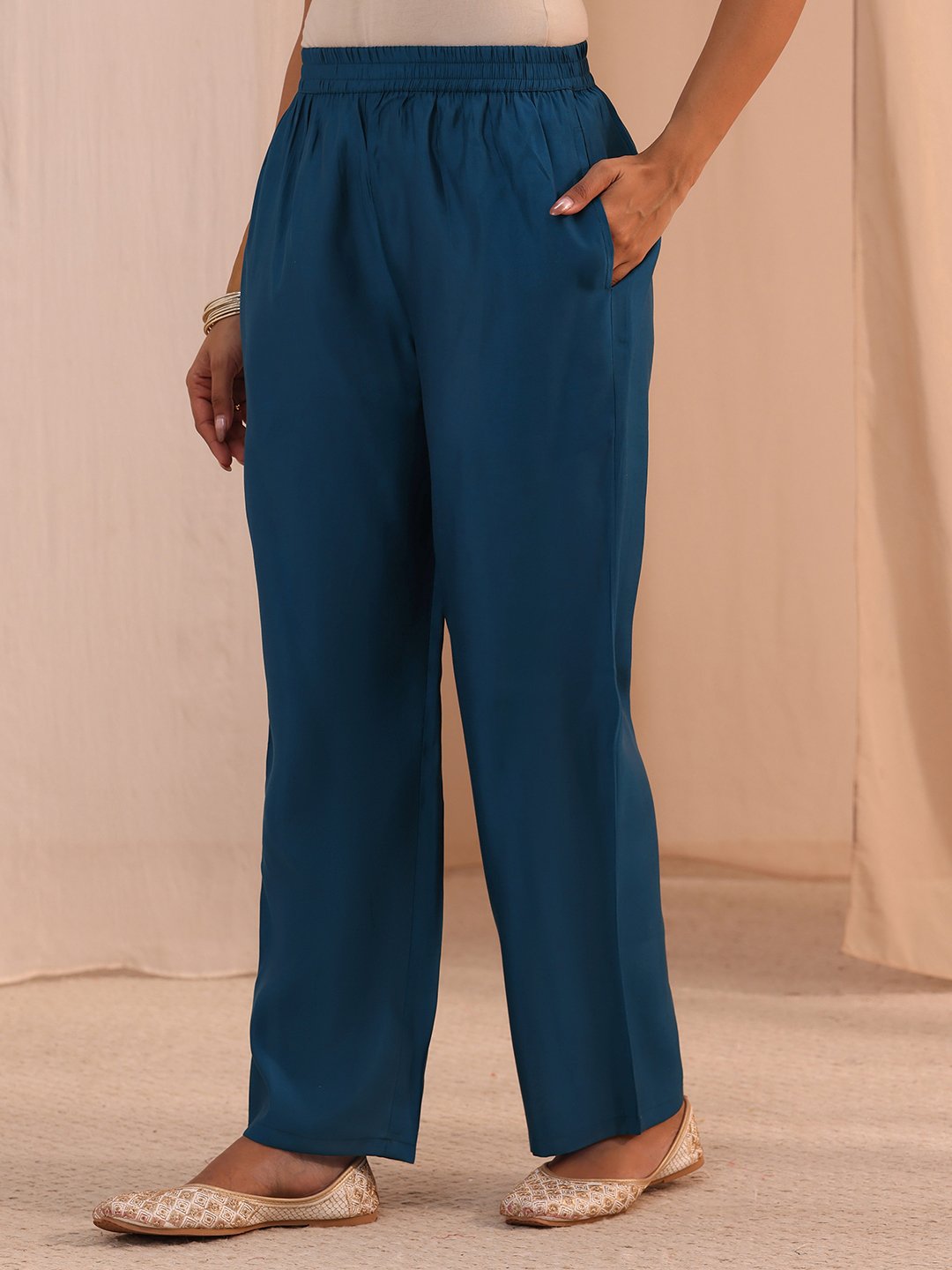 Blue Embroidered Chanderi Cotton A-Line Kurta, Straight Pants And Dupatta Set