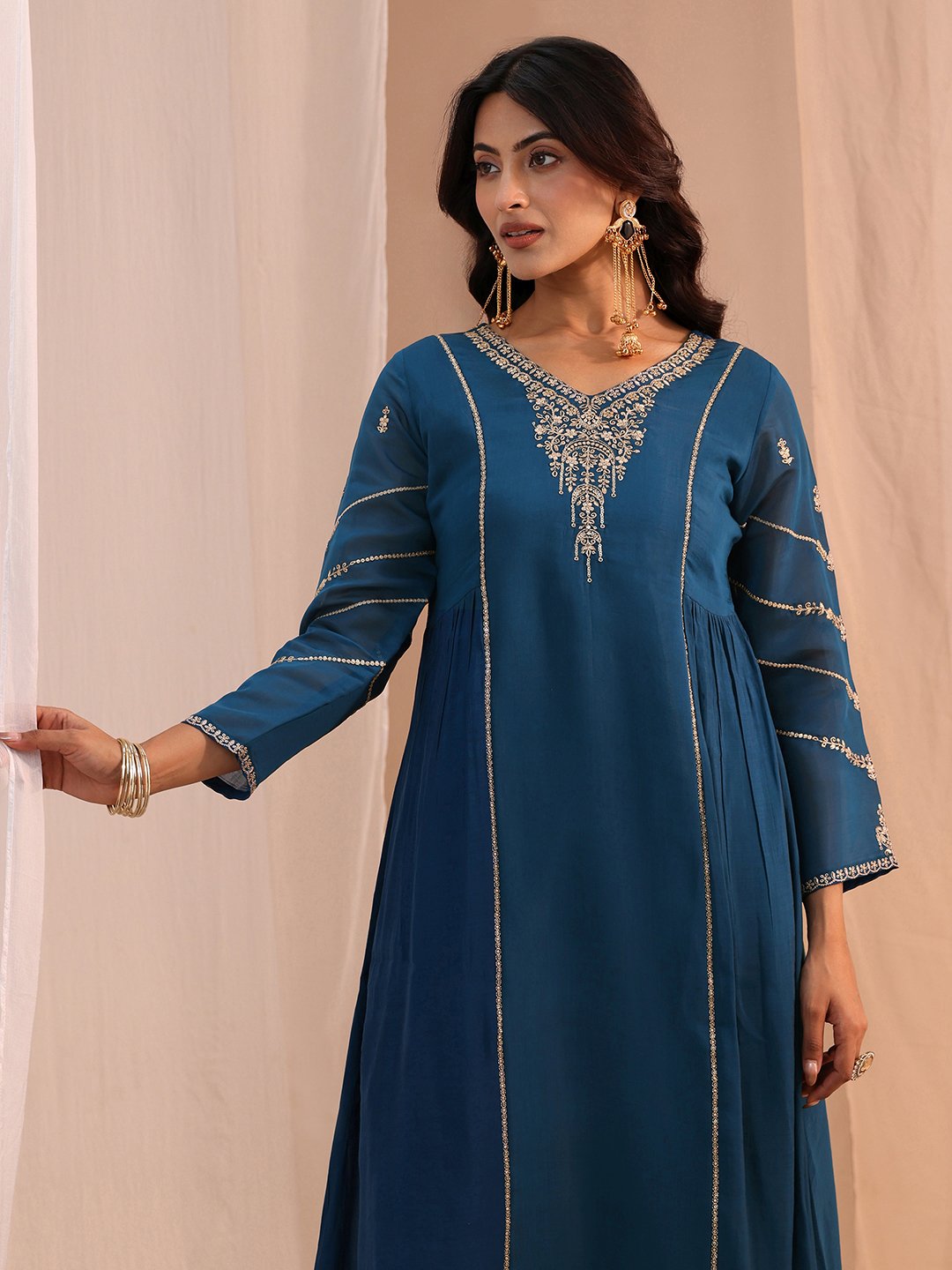 Blue Embroidered Chanderi Cotton A-Line Kurta, Straight Pants And Dupatta Set