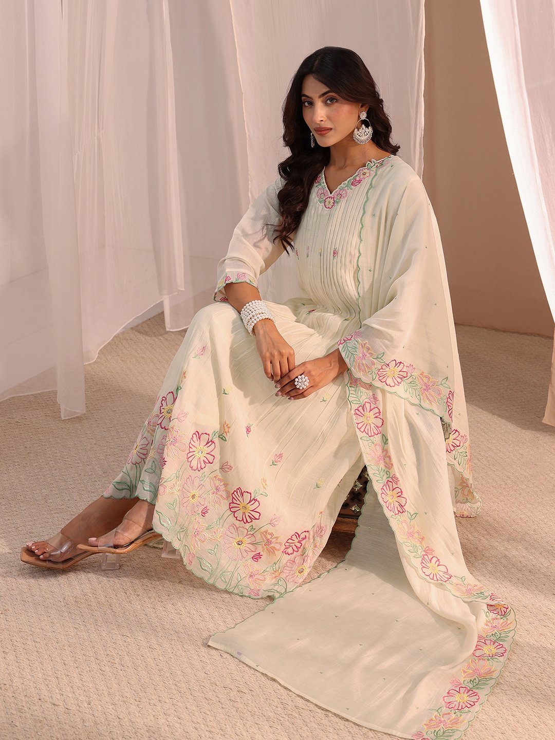 White Embroidered, Floral Chanderi Cotton Anarkali Kurta, Straight Pants and Dupatta Set
