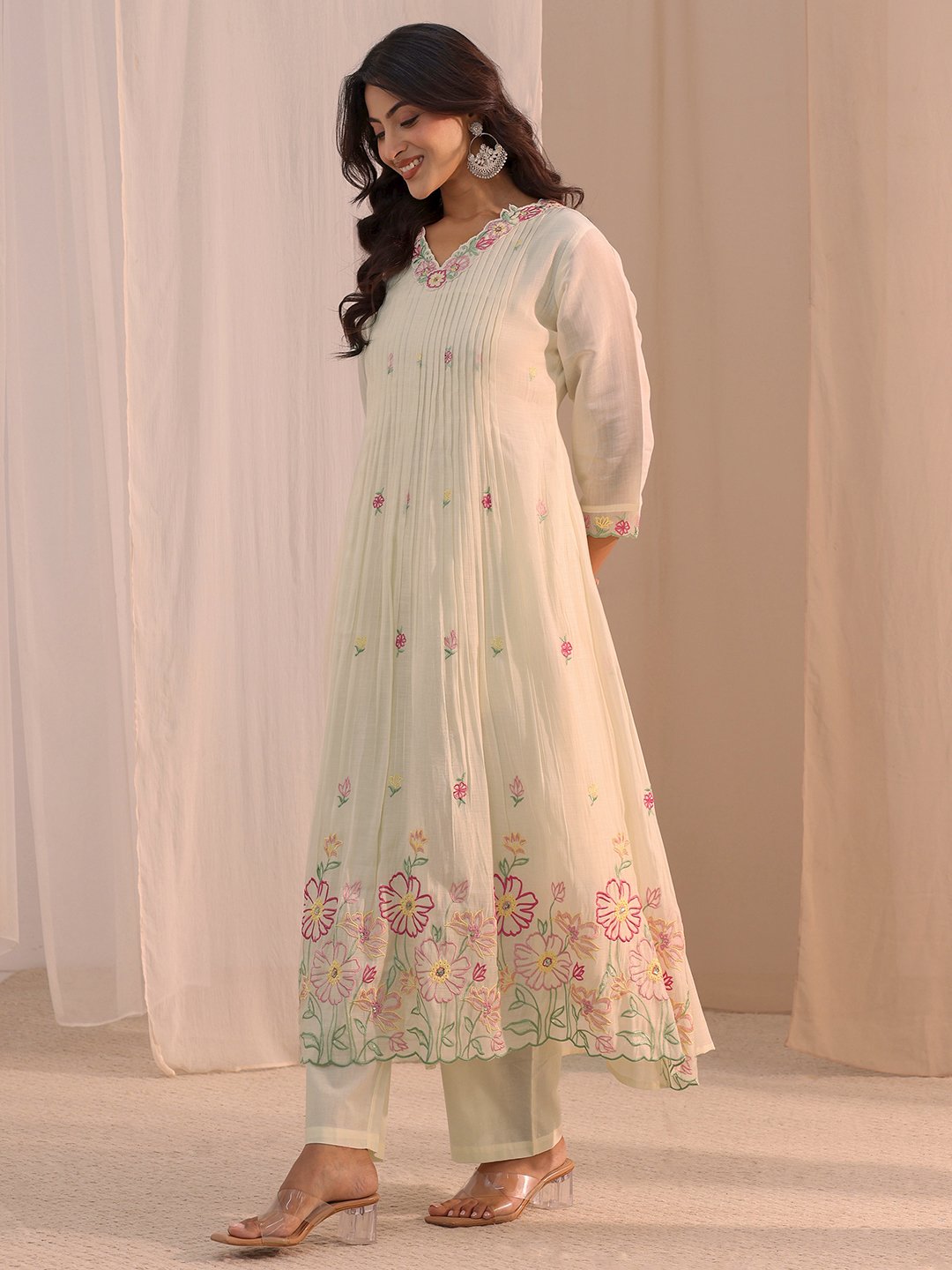 White Embroidered, Floral Chanderi Cotton Anarkali Kurta, Straight Pants and Dupatta Set