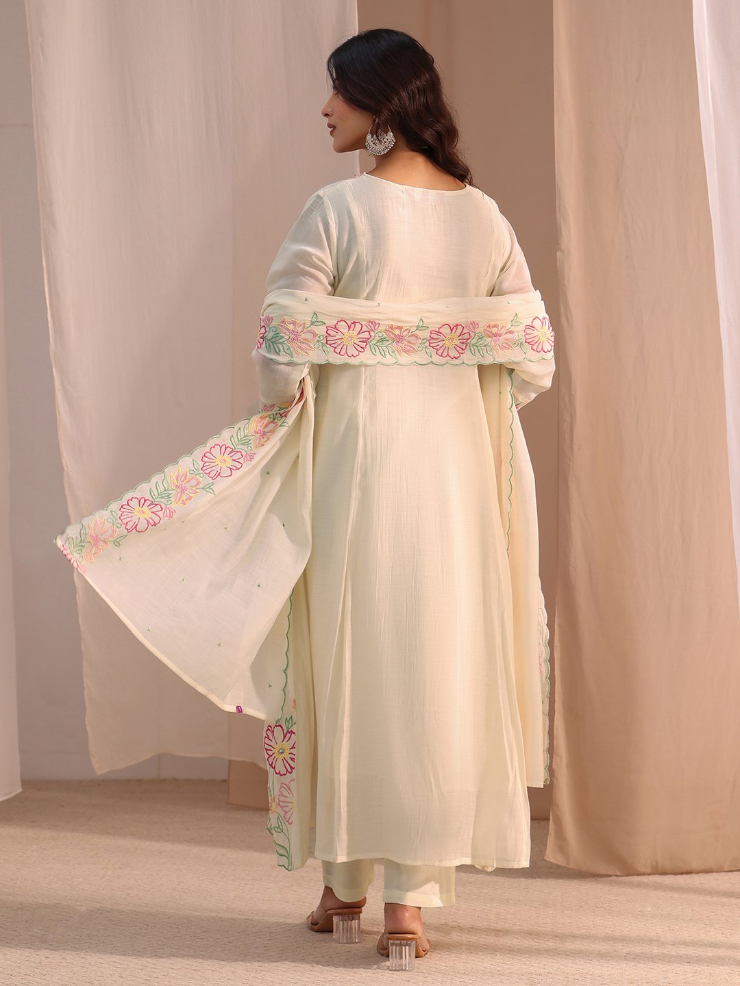White Embroidered, Floral Chanderi Cotton Anarkali Kurta, Straight Pants and Dupatta Set