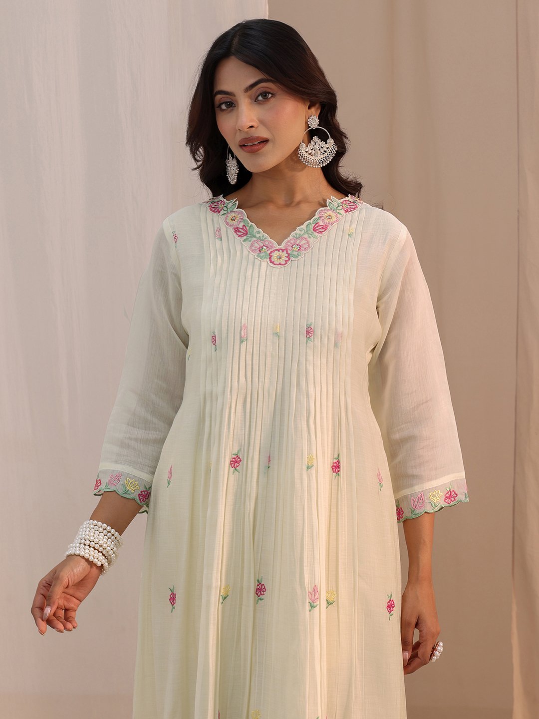 White Embroidered, Floral Chanderi Cotton Anarkali Kurta, Straight Pants and Dupatta Set