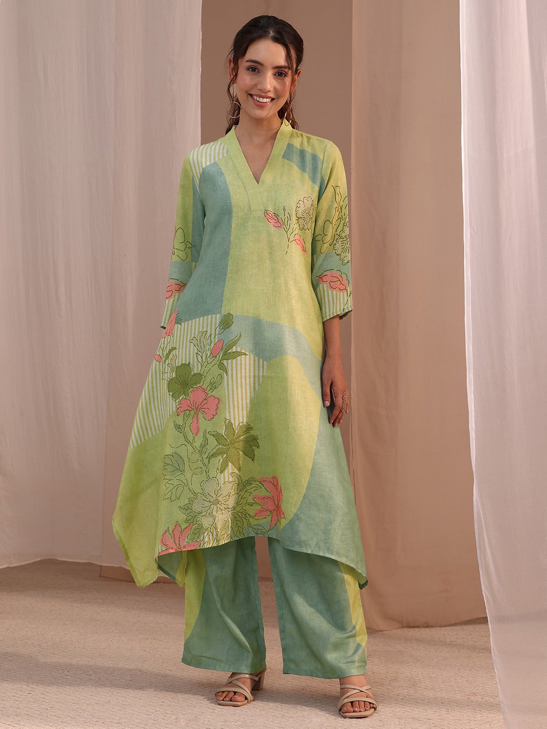 Green Printed Linen A-Line Kurta and Palazzo Pants