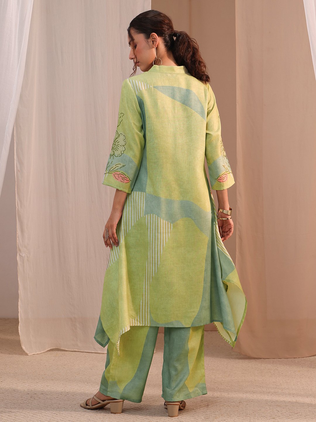 Green Printed Linen A-Line Kurta and Palazzo Pants