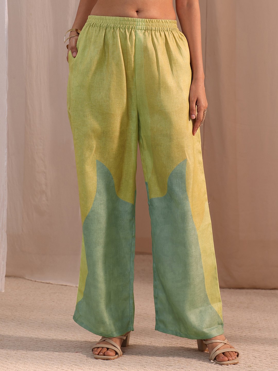 Green Printed Linen A-Line Kurta and Palazzo Pants