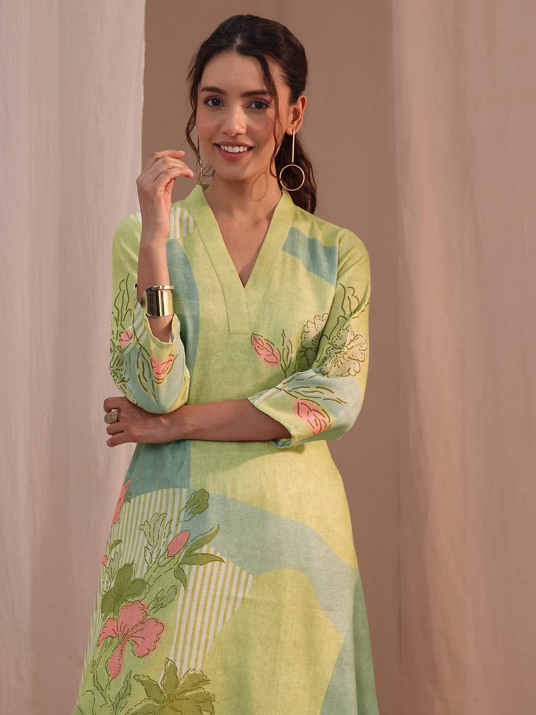 Green Printed Linen A-Line Kurta and Palazzo Pants