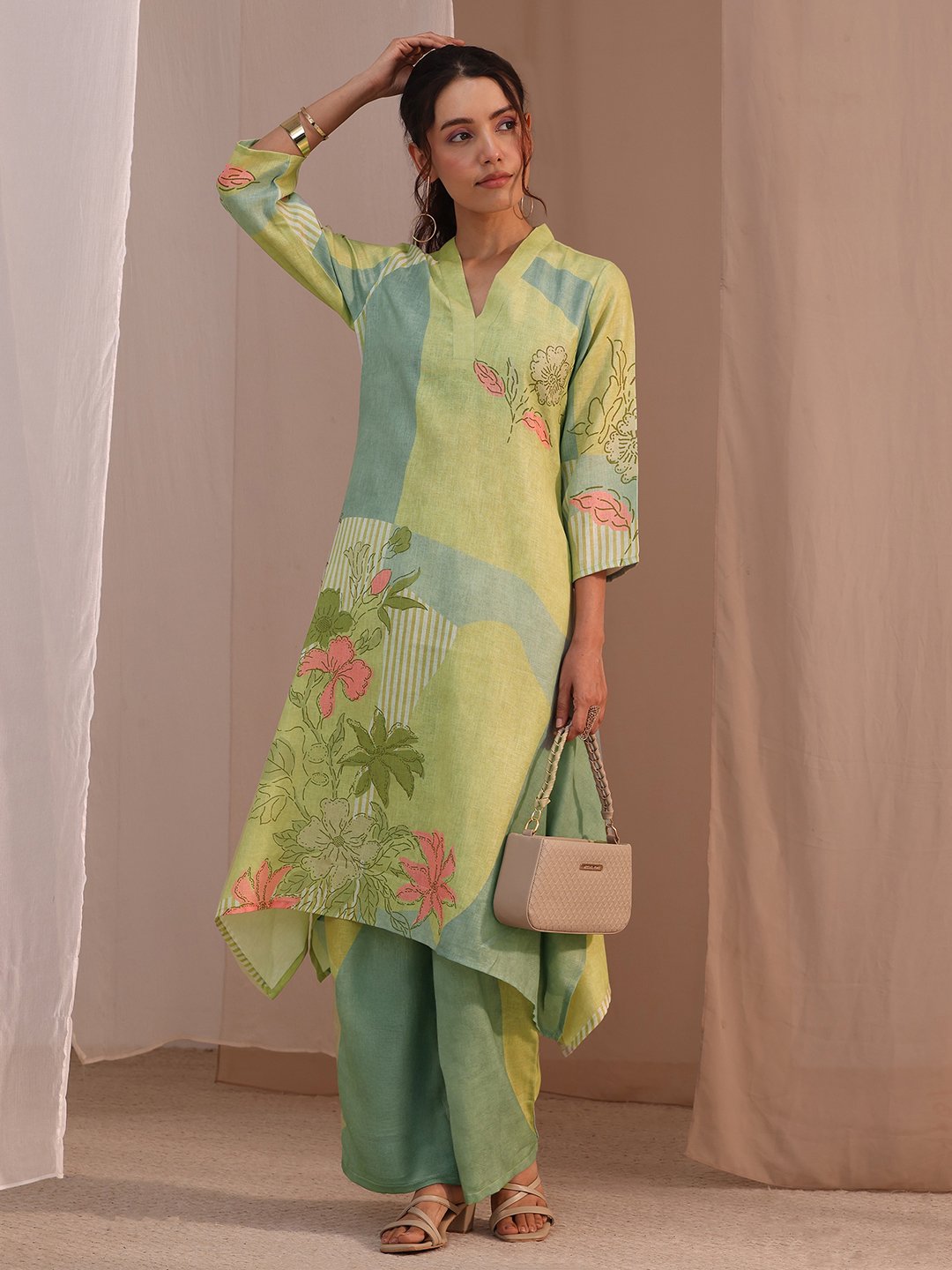 Green Printed Linen A-Line Kurta and Palazzo Pants