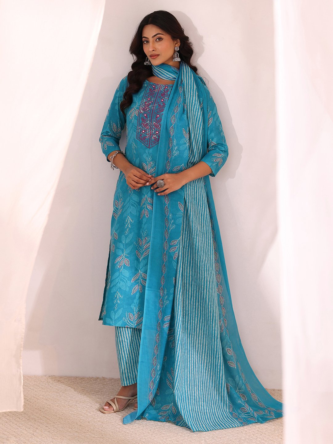 Blue Printed Cotton Straight Fit Kurta, Straight Pants And Dupatta Set