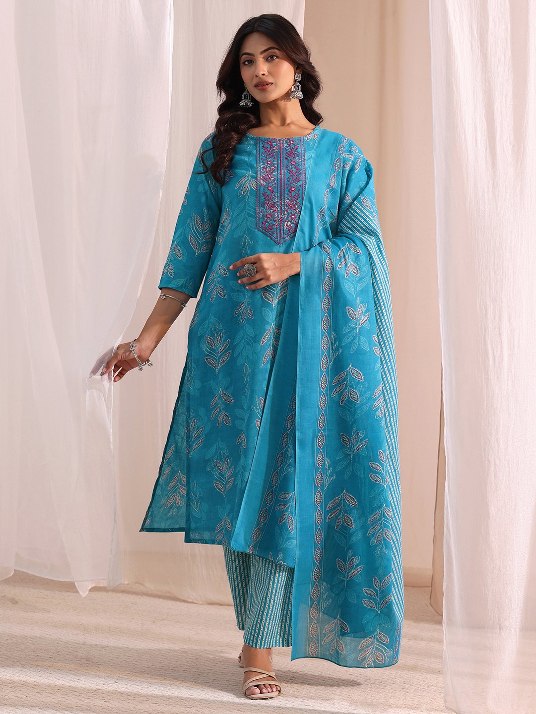 Blue Printed Cotton Straight Fit Kurta, Straight Pants And Dupatta Set