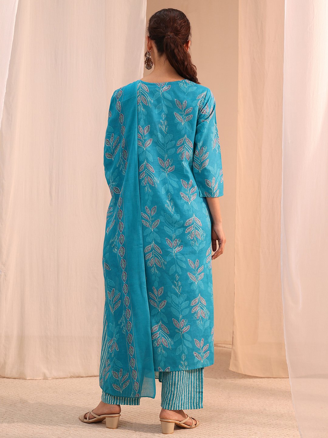 Blue Printed Cotton Straight Fit Kurta, Straight Pants And Dupatta Set