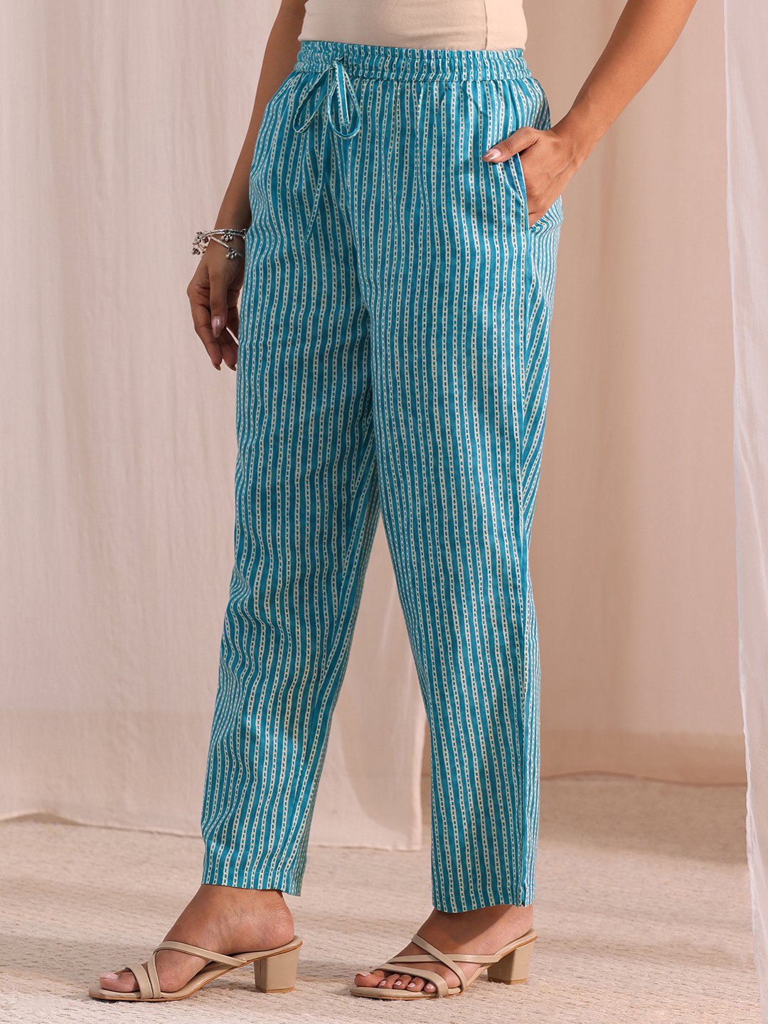 Blue Printed Cotton Straight Fit Kurta, Straight Pants And Dupatta Set