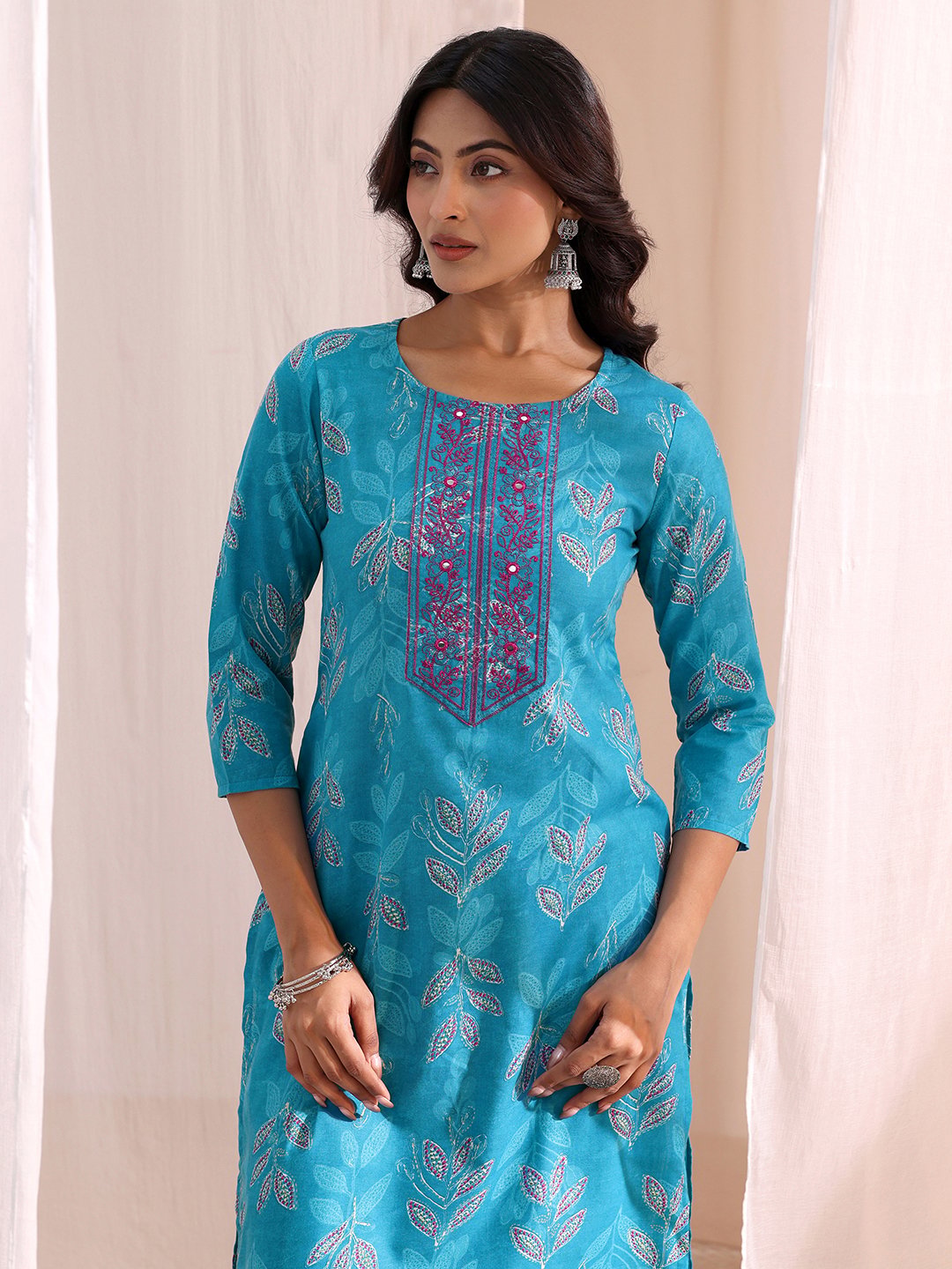 Blue Printed Cotton Straight Fit Kurta, Straight Pants And Dupatta Set