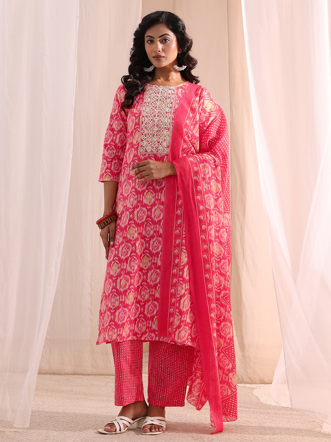 Coral Printed Cotton Straight Fit Kurta, Straight Pants And Dupatta Set