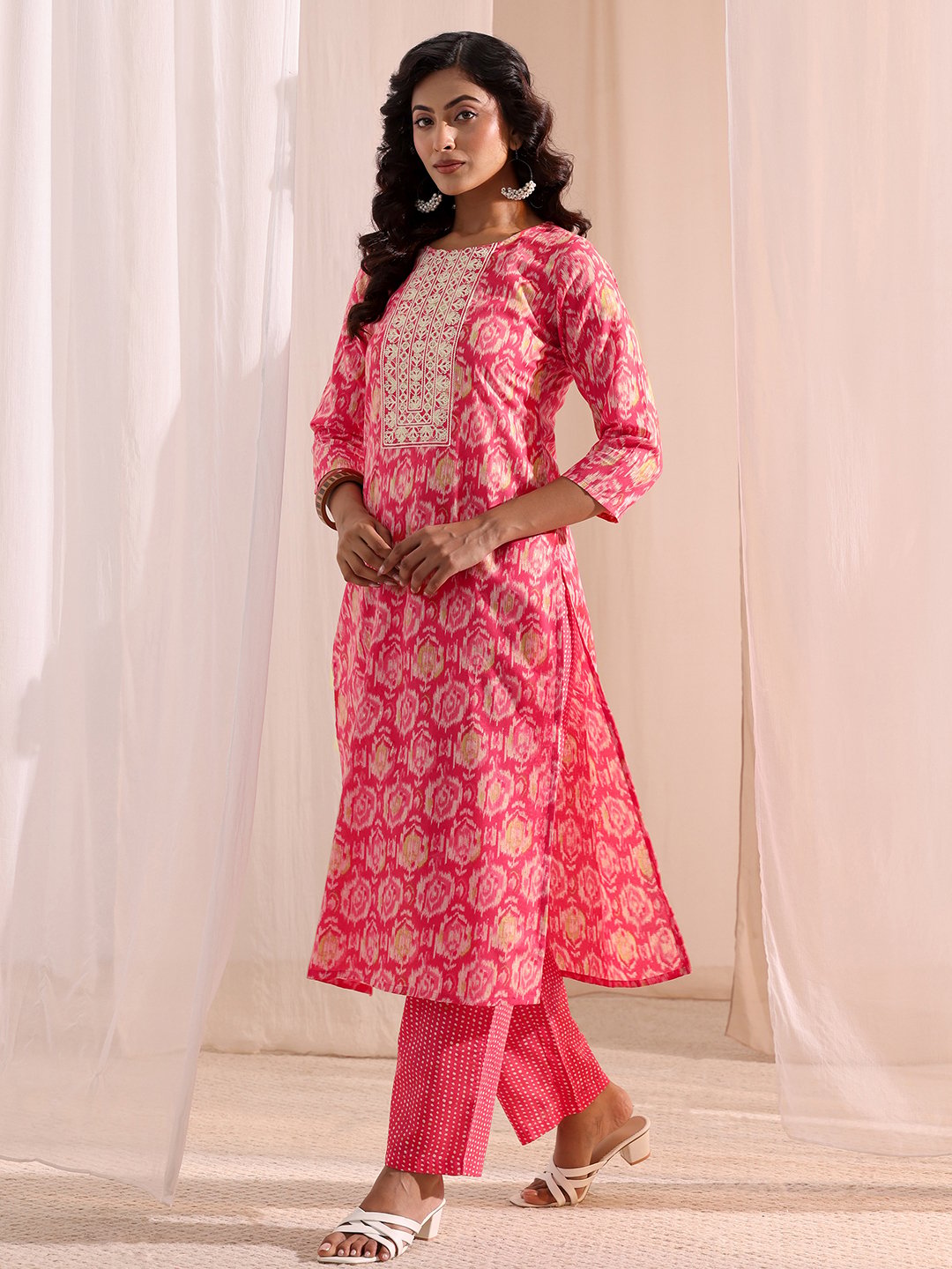 Coral Printed Cotton Straight Fit Kurta, Straight Pants And Dupatta Set