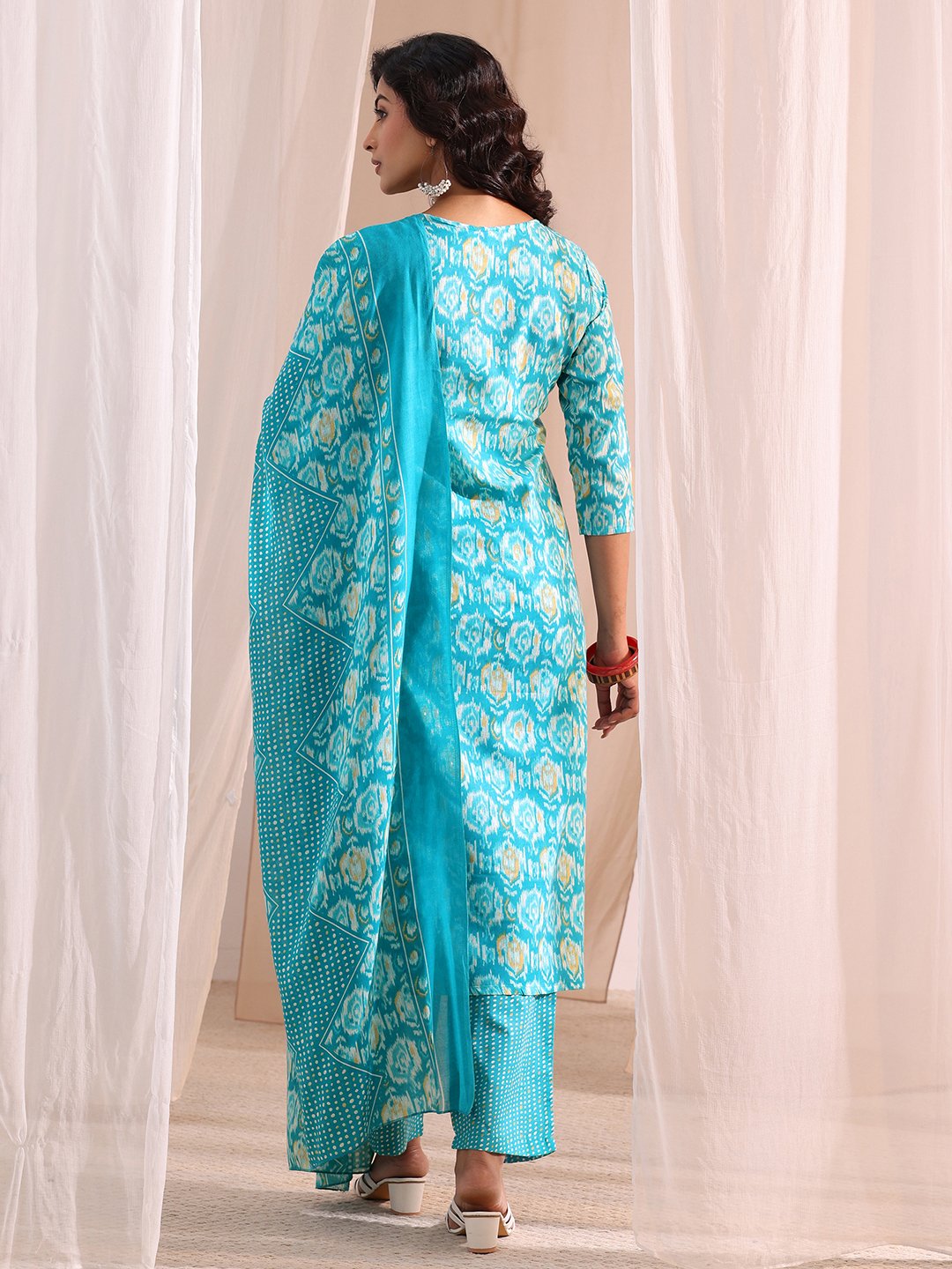 Blue Printed Cotton Straight Fit Kurta, Straight Pants And Dupatta Set