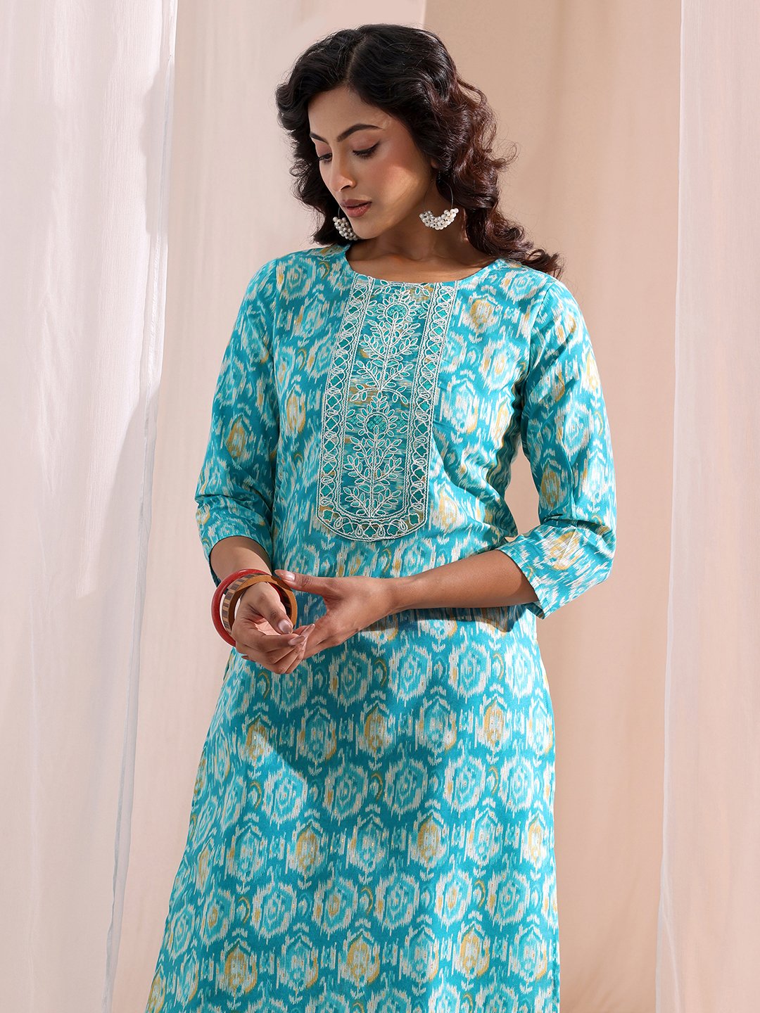 Blue Printed Cotton Straight Fit Kurta, Straight Pants And Dupatta Set