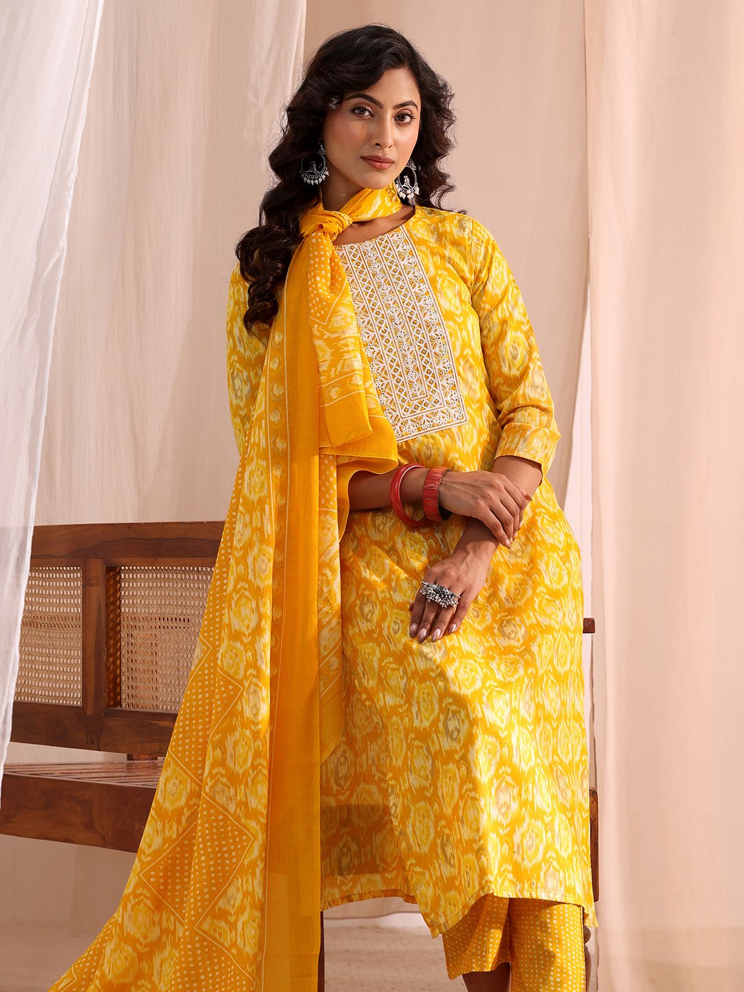 Yellow Printed Cotton Straight Fit Kurta, Straight Pants And Dupatta Set