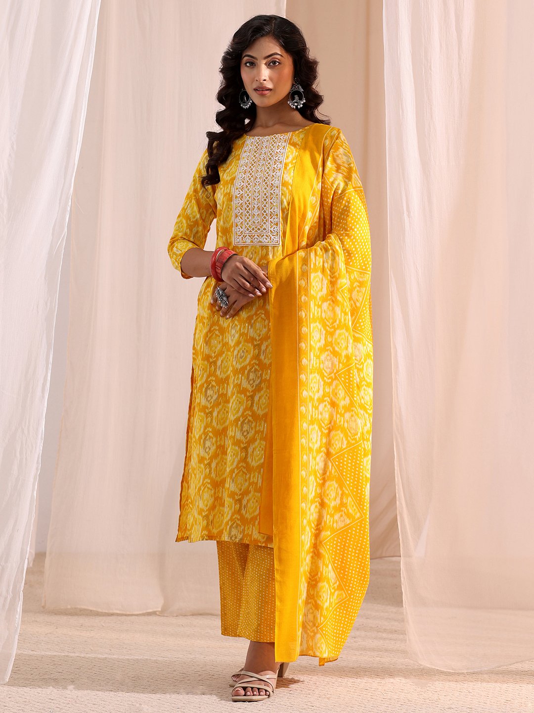 Yellow Printed Cotton Straight Fit Kurta, Straight Pants And Dupatta Set