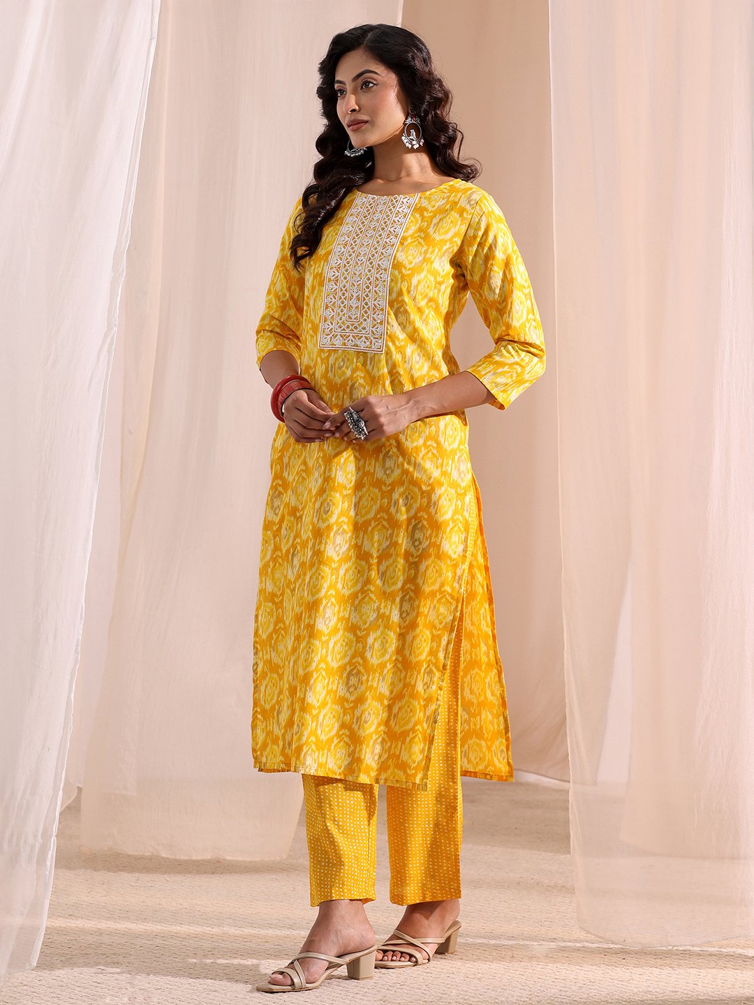 Yellow Printed Cotton Straight Fit Kurta, Straight Pants And Dupatta Set