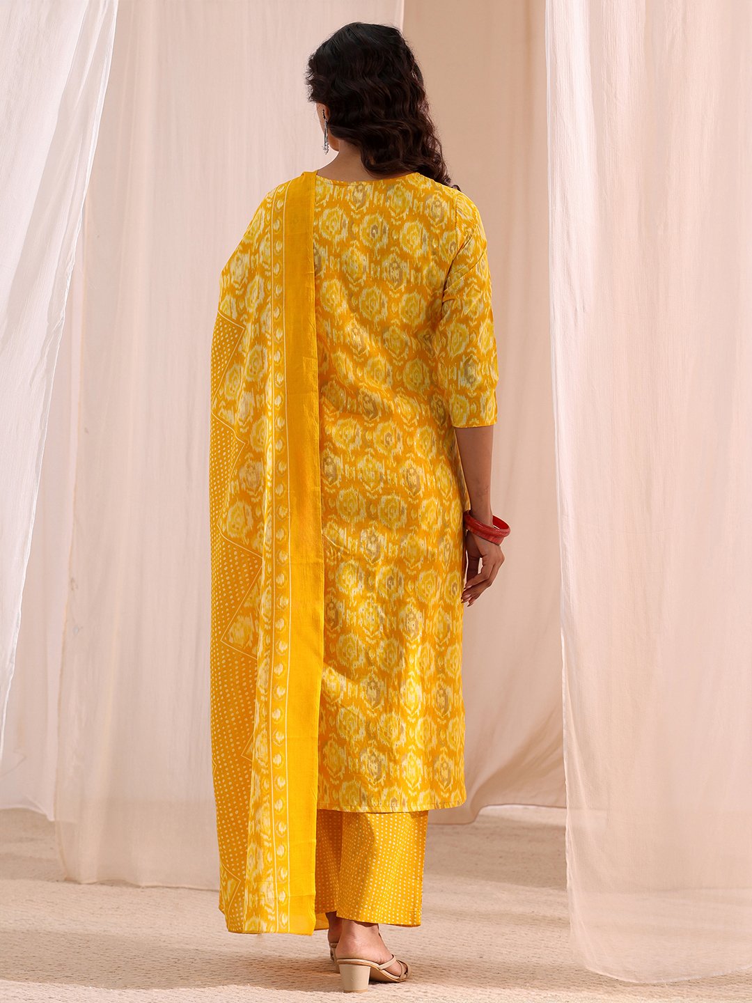 Yellow Printed Cotton Straight Fit Kurta, Straight Pants And Dupatta Set