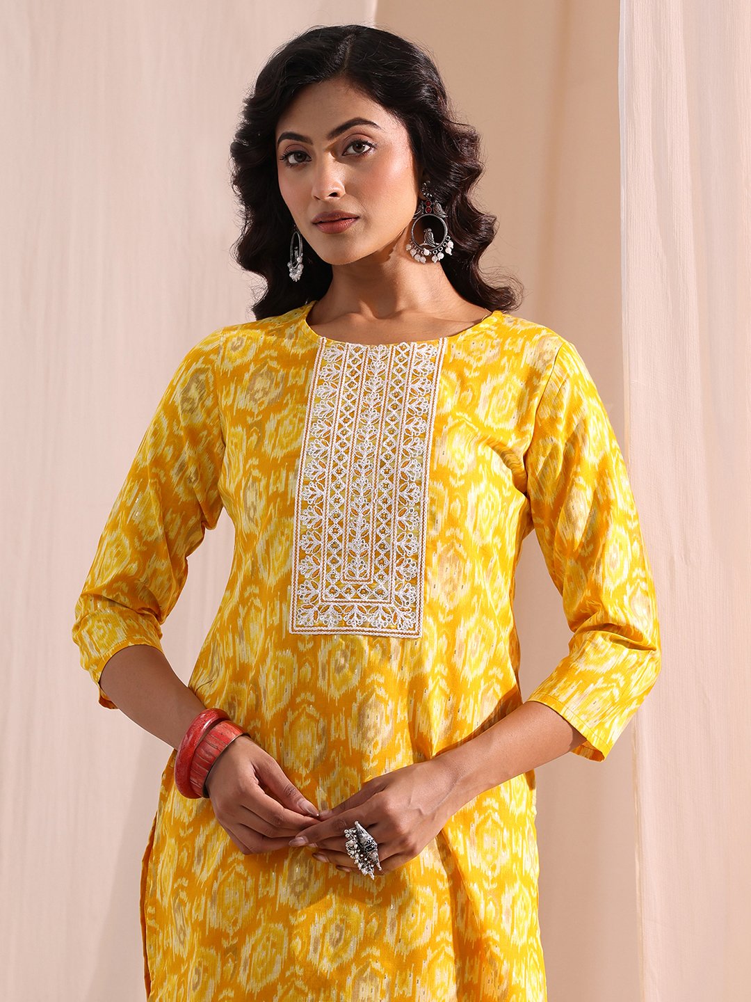 Yellow Printed Cotton Straight Fit Kurta, Straight Pants And Dupatta Set
