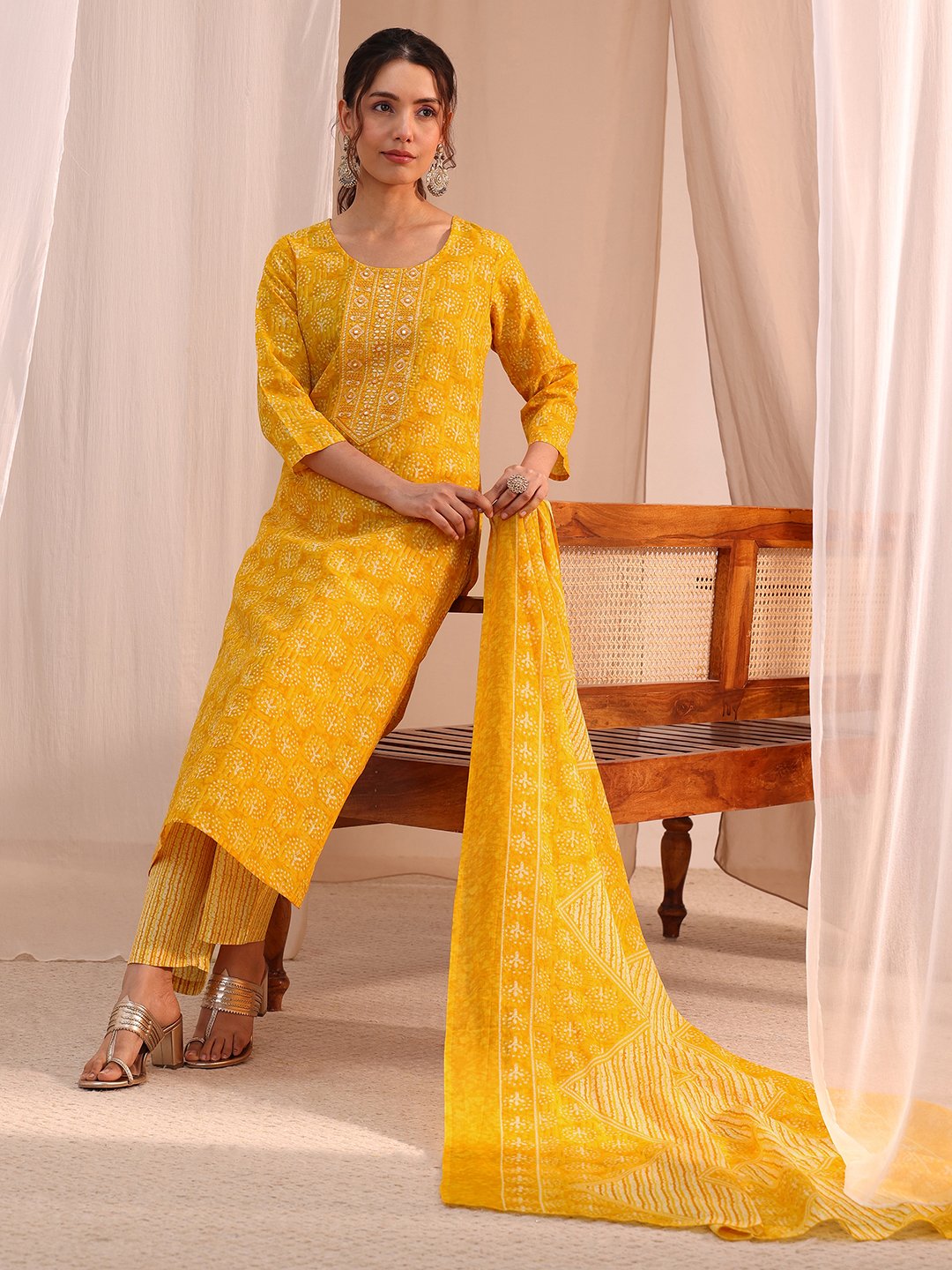 Yellow Printed Cotton Straight Fit Kurta, Straight Pants And Dupatta Set