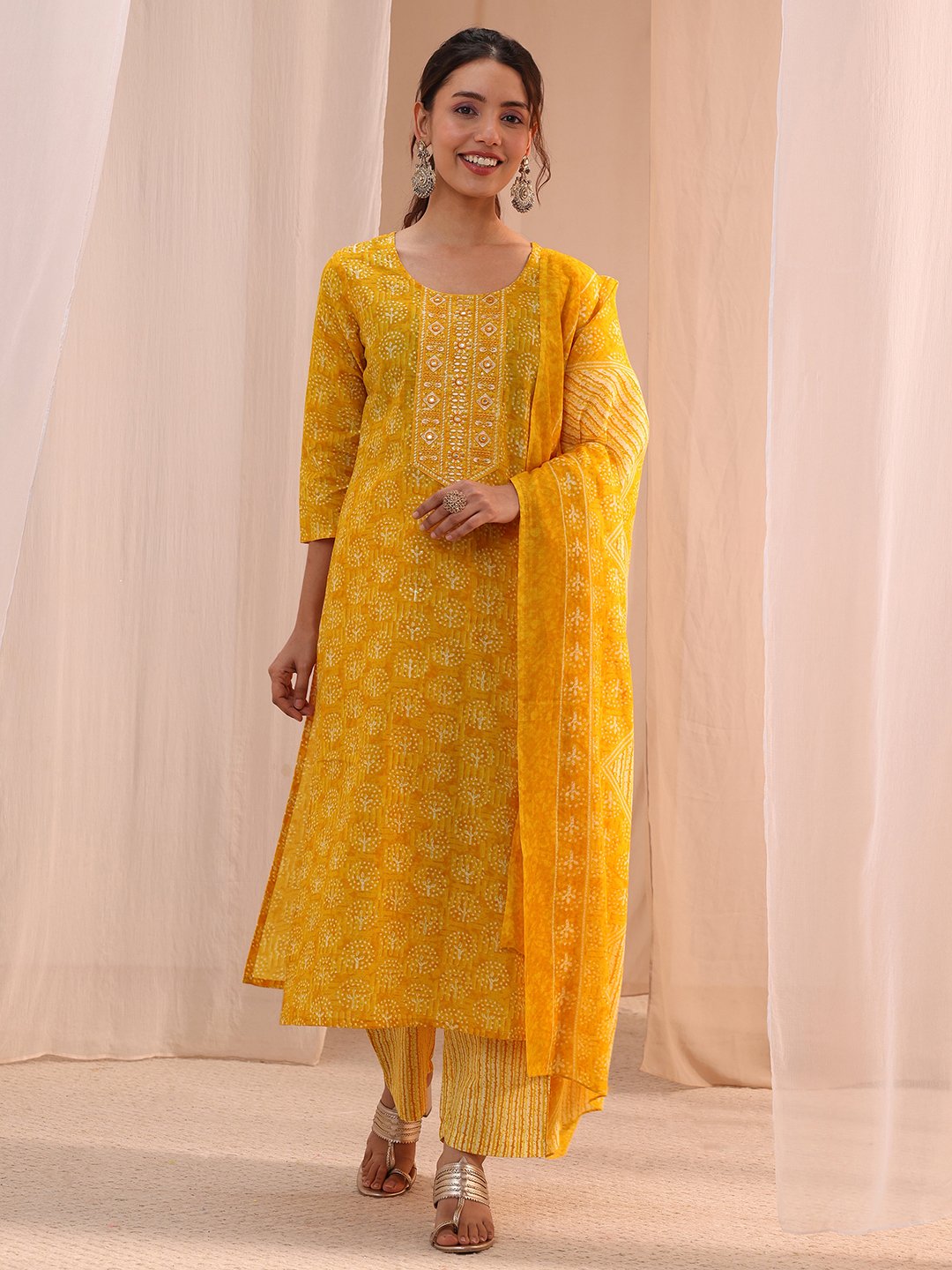 Yellow Printed Cotton Straight Fit Kurta, Straight Pants And Dupatta Set