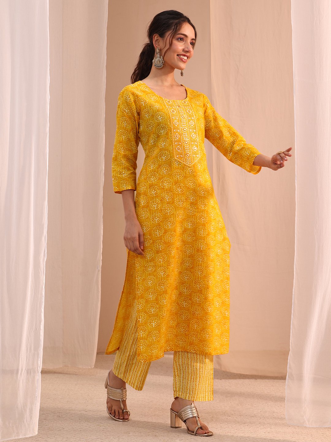 Yellow Printed Cotton Straight Fit Kurta, Straight Pants And Dupatta Set